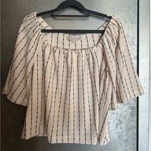 LOFT Cream and Black Smocked Blouse with 3/4 Sleeves